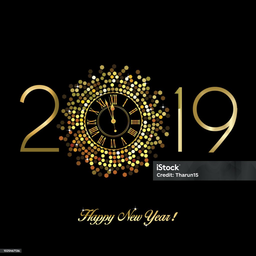 Gold Clock indicating countdown to 12 O' Clock 2019 New Year's Eve on a black background Gold clock with roman numerals on a hexagon disco ball with New Year numerals 2019 in a circular format on a black background Clock stock vector