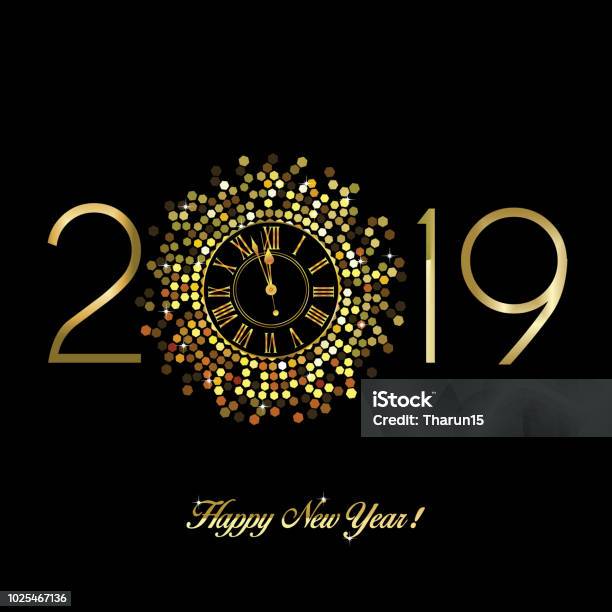 Gold Clock Indicating Countdown To 12 O Clock 2019 New Years Eve On A Black Background Stock Illustration - Download Image Now