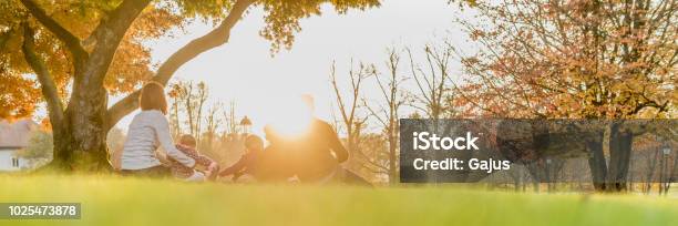 Panorama Rear View Of Young Family With Three Kids Enjoying A Day Together Stock Photo - Download Image Now