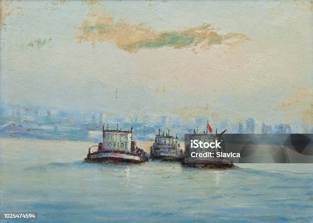 Oil Painting Tugboats On The Sea Stock Illustration - Download Image Now - Oil Painting, Ship, Acrylic Painting