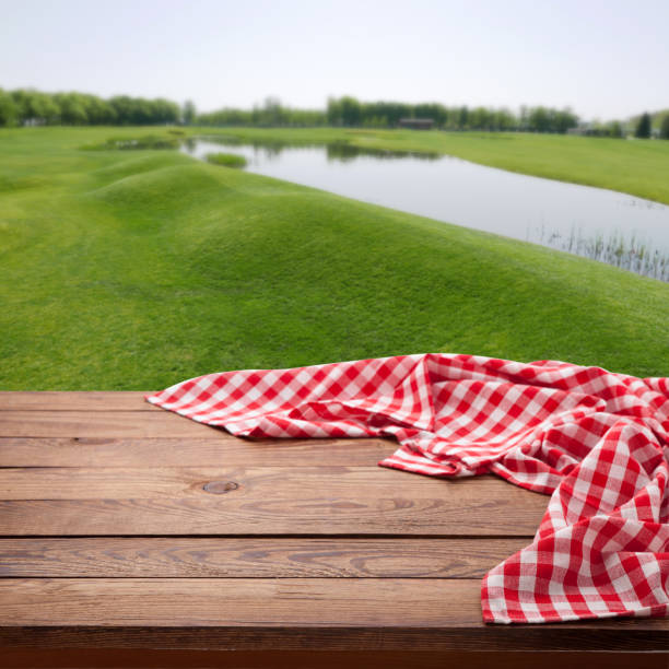 istock Red checkered tablecloth on wooden table with summer backround. Napkin close up top view mock up. Kitchen rustic background. 1025477592