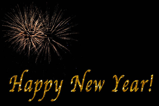 Happy New Year! in glitter with fireworks on a black background.