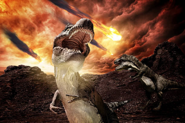 jurassic dinosaurs during apocalypse tyrannosaurus rex during meteors rain on jurassic era extinct stock pictures, royalty-free photos & images
