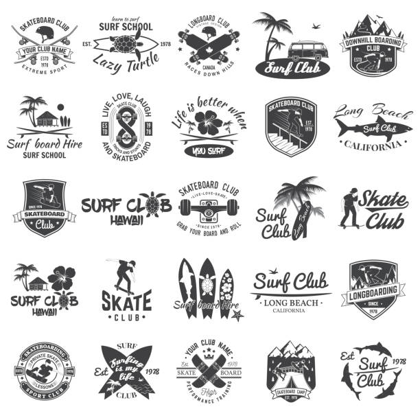 ilustraciones, imágenes clip art, dibujos animados e iconos de stock de juego de skateboard, longboard y surf insignias del club. ilustración de vector. - surfing beach surf wave