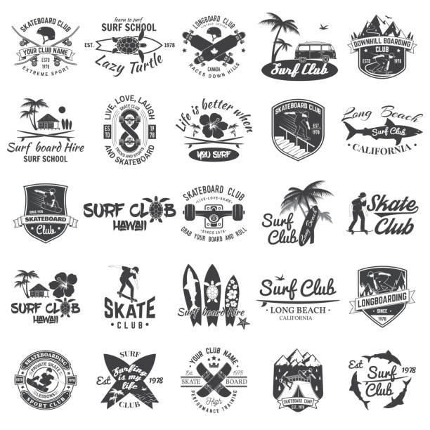 스케이트 보드, longboard의 설정 하 고 클럽 배지를 서핑. 벡터 일러스트입니다. - text surfing surf palm tree stock illustrations