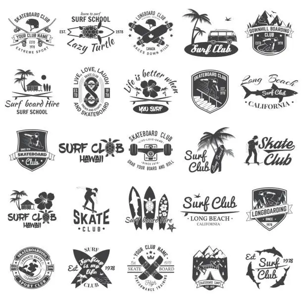 Vector illustration of Set of skateboard, longboard and surf club badges. Vector illustration.