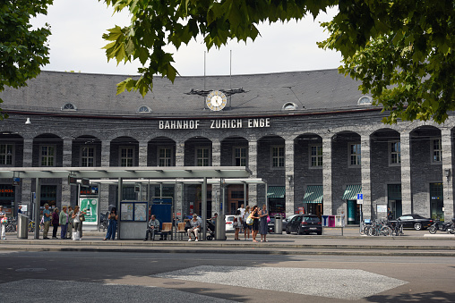 Zurich Enge Railway Sttaion. The first Building was opened in 1875, the new building was realized between 1925 and 1927. The station building is constructed of granite from the Ticino.