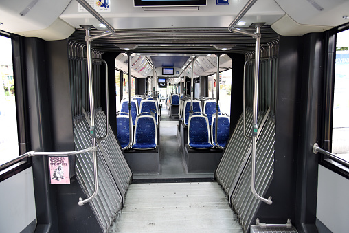 Inside view of an Trolleybus manufactured by the Swiss company Hess AG driving for the ZVV (Zurich public transport services). The Longo2 is 24.7 Meters long and offers 108 (60 Seats, 48 Standing Places).
