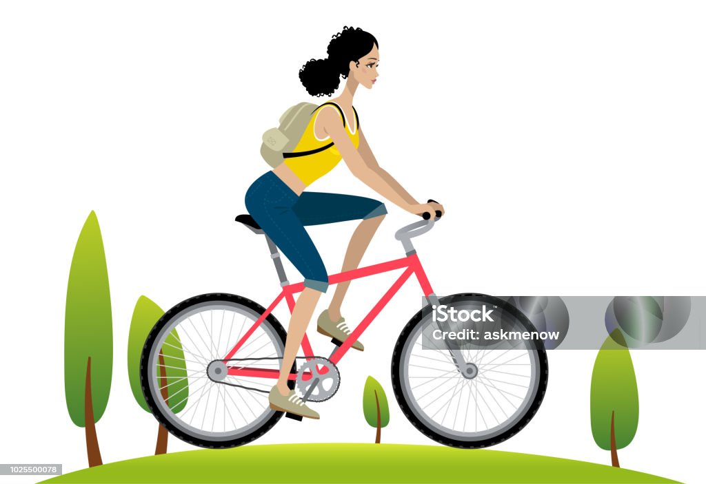 Woman cycling Young woman riding a bicycle outdoors Illustration stock vector