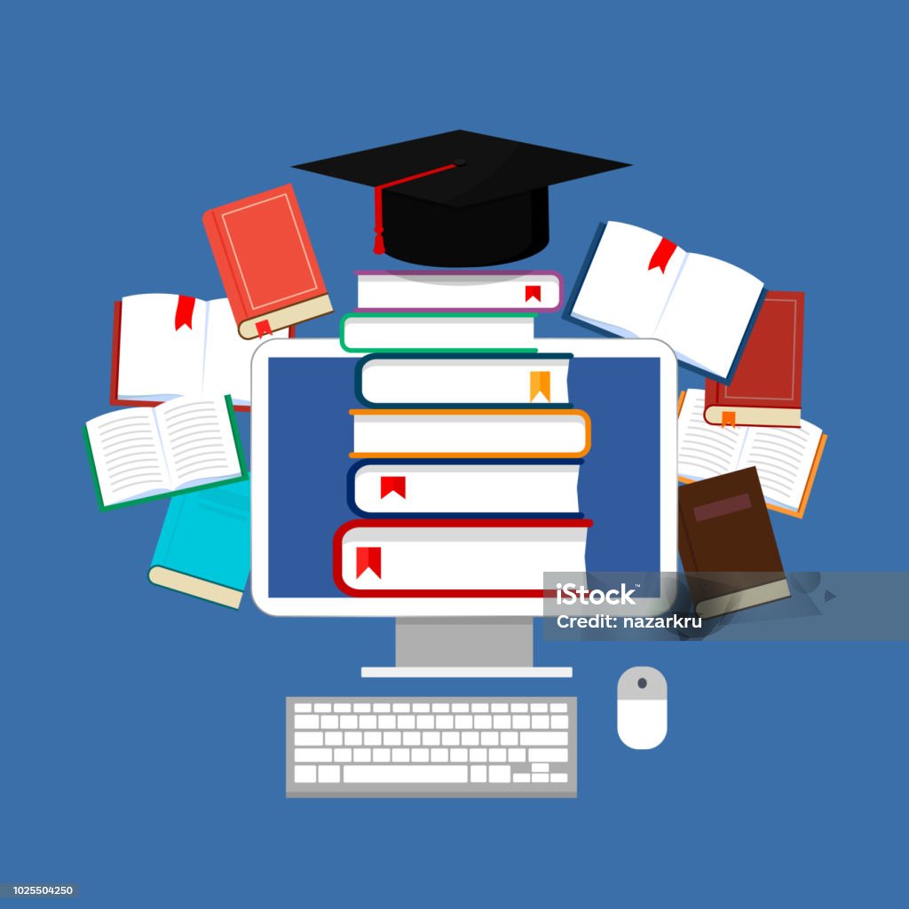 Online Learning Library Image Online Education Library And Ebooks Vector Illustration With Elearning ...