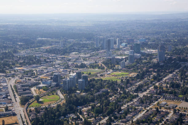 Surrey Central Aerial Aerial city view of Surrey Central during a sunny summer day. Taken in Greater Vancouver, British Columbia, Canada. surrey british columbia stock pictures, royalty-free photos & images