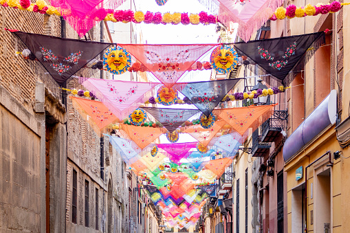 View of tipical madrid tissues in preparation for a neighbourhood party.