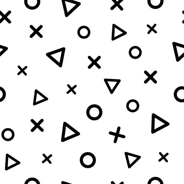 Vector illustration of Geometric seamless pattern with black triangles, crosses and circles on white background. Vector illustration