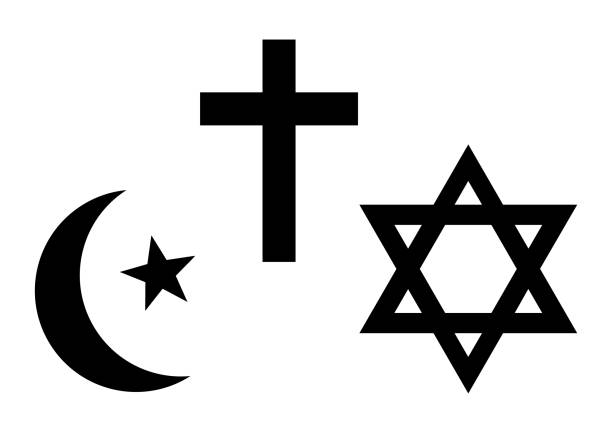 istock Three world religions symbols. Islam, Christianity and Judaism. Black silhouette. Vector illustration 1025536438