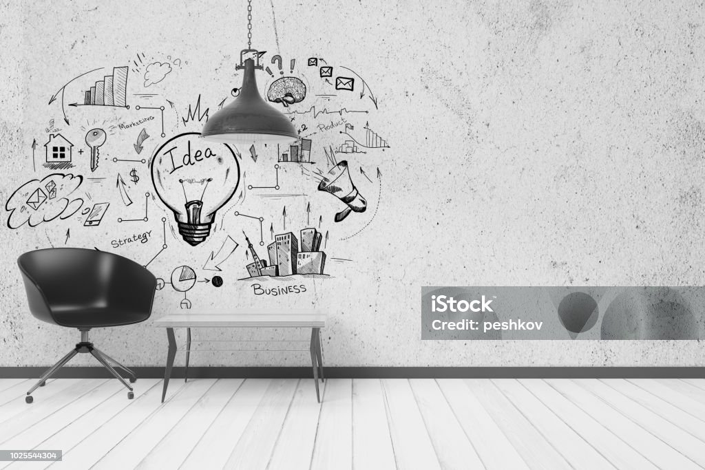 Success and solution concept Modern interior with furniture and creative business sketch on wall. Success and solution concept. 3D Rendering Marketing Stock Photo