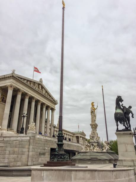 Austrian Parliament, sculptural ensemble, flagpoles against the sky, sky covered with clouds