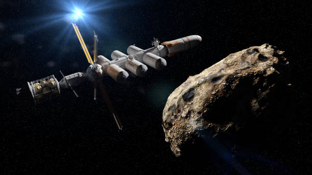 astronave in avvicinamento asteroide, missione pianeta nano, esplorazione dello spazio profondo (illustrazione fantascientica 3d) - ceres foto e immagini stock