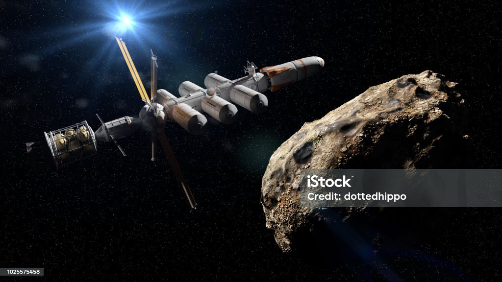 spaceship approaching asteroid, dwarf planet mission, deep space exploration (3d science fiction illustration) asteroid mission, spacecraft meteoroid flyby Outer Space Stock Photo