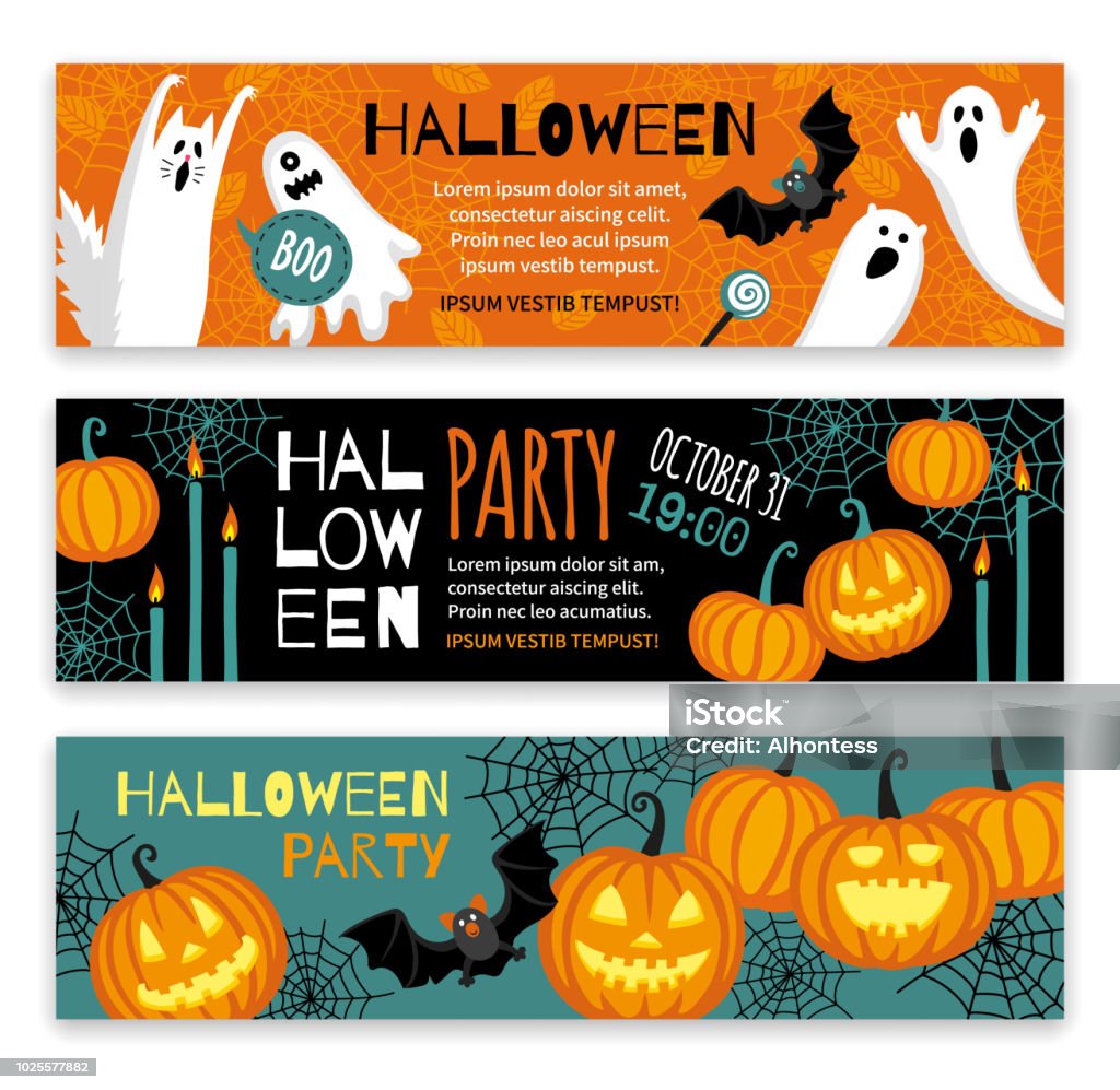 Collection of halloween banner templates. Collection of halloween banner templates. Flat style vector illustration. Cute characters. Invitations or greeting cards. Halloween stock vector