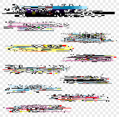 Vector illustration set of noise effect, decay signal glitch elements isolated on white background. Grunge monitor and Tv screen problems set