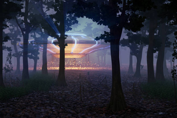 lądowanie ufo w lesie w nocy, scena science fiction z obcym statkiem kosmicznym (renderowanie przestrzeni 3d) - ufo landing zdjęcia i obrazy z banku zdjęć