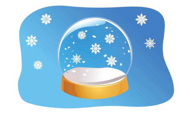przezroczysty śnieżny globus. pusta szklana kula z płatkami śniegu. kryształowa kula odizolowana na niebieskim tle. - snow globe dome glass transparent stock illustrations