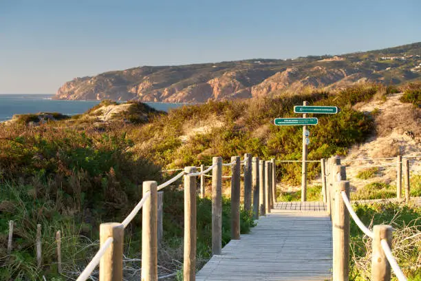 Photo of Praia do Guincho Beach pathway with indications to the beach coastline and sand dunes