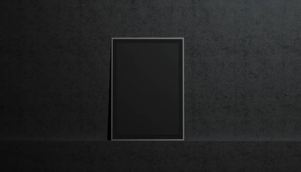 Blank black paper poster mockup, stand at gallery wall