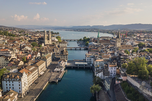 Cityscape of Zurich, the biggest city of Switzerland. Aerial view