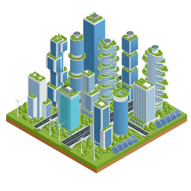 istock Isometric flat Eco-architecture. Green skyscraper building with plants growing on the facade. Ecology and green living in city, urban environment concept. 1025628294