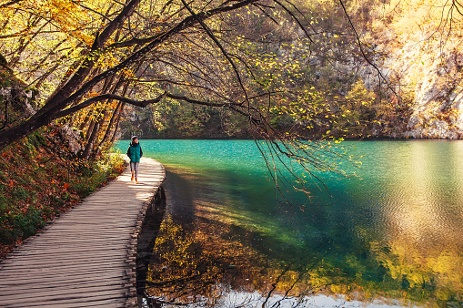 Croatia nature park Plitvice Lakes in autumn - boy walks on bridge over the lake