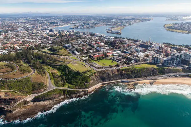 An aerial view of the south end of Newcastle Beach and King Edward Park. Newcastle NSW is one of the largest cities in Australia and has amazing scenery.