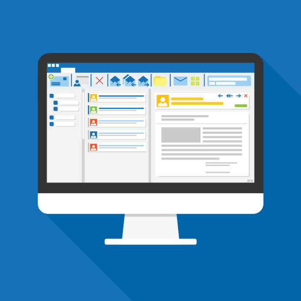 Email client software on Computer screen flat icon. business concept. office things for planning and accounting, analysis, audit, project management, marketing, research vector illustration. Email client software on Computer screen flat icon. business concept. office things for planning and accounting, analysis, audit, project management, marketing, research vector illustration computer monitor stock illustrations