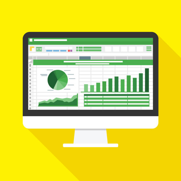 ilustrações de stock, clip art, desenhos animados e ícones de spreadsheet on computer screen flat icon. financial accounting report concept. office things for planning and accounting, analysis, audit, project management, marketing, research vector illustration - spreadsheet financial figures computer computer monitor