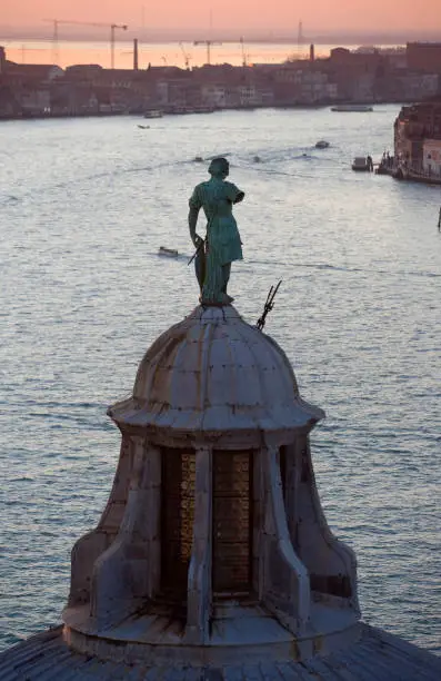 Italy, Veneto, Venice, sunset from San Giorgio Maggiore bell tower, Giudecca Canal, S. Giorge monument
