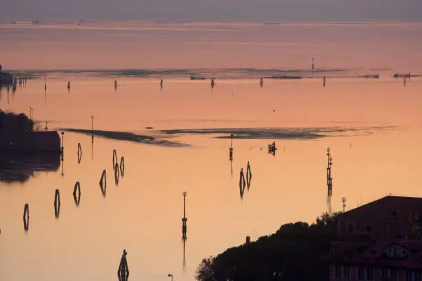 Italy, Veneto, Venice, sunset from San Giorgio Maggiore bell tower, lagoon, water