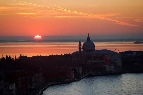 Italy, Veneto, Venice, sunset from San Giorgio Maggiore bell tower, lagoon, Giudecca canal, sun