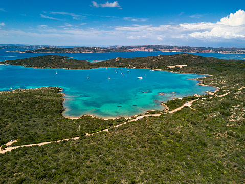 Drone photography with amazing summer landscape photography over the la la maddalena archipelago, sardegna, italy.