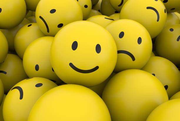 istock Happy smile among sadness. Emoji emoticon character background collection. 3D Rendering 1025682026