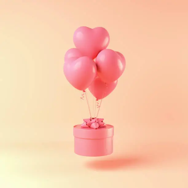 Pink gift box with Pink ribbon and Hart balloon on yellow background. minimal Wedding and birthday concept. 3d render