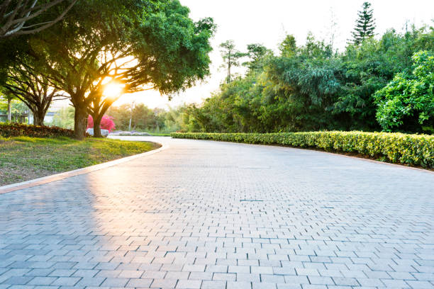 strada vuota in mattoni nel parco - giardiniere di panorama foto e immagini stock