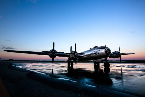 Windsor, Ontario, Canada - August 22, 2018:  One of only two remaining flying B-29 bombers in the world made an appearance at Windsor airport.  The bomber, known as the B-29 Superfortress, is the same model that dropped the nuclear devices onto Japan to end World War II.   Today this plane makes appearances across the continent, educating people about its place in history.