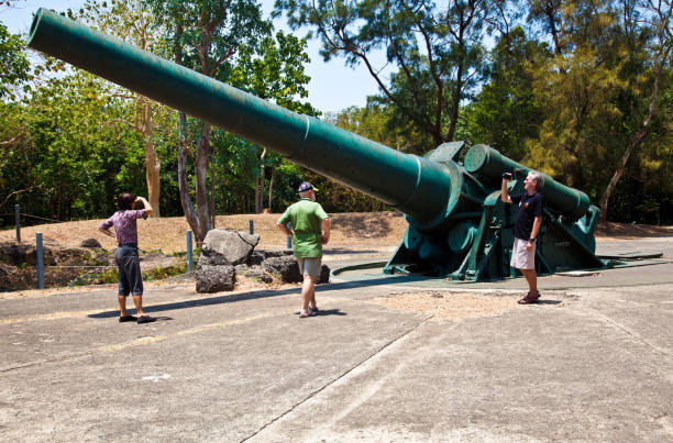 Corregidor Island, Philippines18 April 2011Tourist taking a close up look at a Gun battery which was used durring world war 2