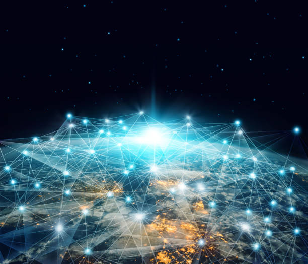 Network and data exchange. Global networking business and telecommunication  connected over planet earth in space 3D rendering. Elements of this image furnished by NASA.