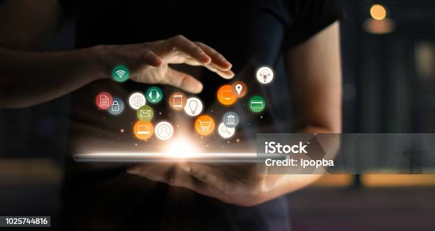 Digital Online Marketing Commerce Sale Concept Woman Using Tablet Payments Online Shopping And Icon Customer Network Connection On Hologram Virtual Screen Mbanking And Omni Channel Stock Photo - Download Image Now