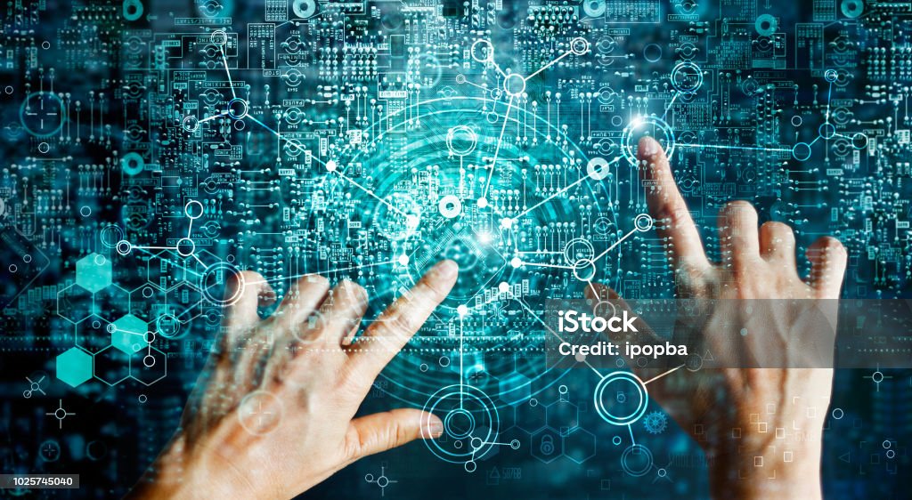 Innovations systems connecting people and intelligence devices. Futuristic technology networking and data exchanges connection and computer industry from telecommunication and internet development. Technology Stock Photo