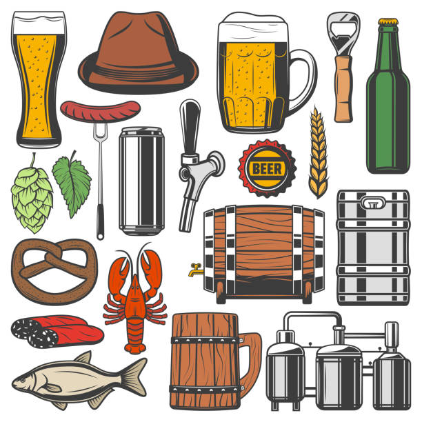 ilustraciones, imágenes clip art, dibujos animados e iconos de stock de botella de cerveza, los iconos de cristal y taza de beber alcohol - mug beer barley wheat
