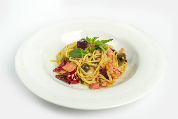 istock Spaghetti with bacon, dry chili, green olive 1025768390