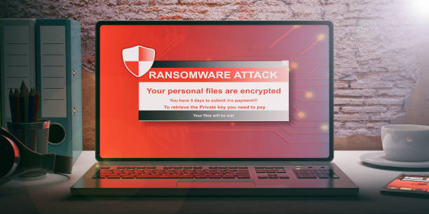 istock Ransomware alert on a laptop screen. 3d illustration 1025773608