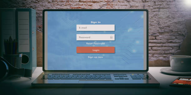 istock Login on a laptop. 3d illustration 1025773620